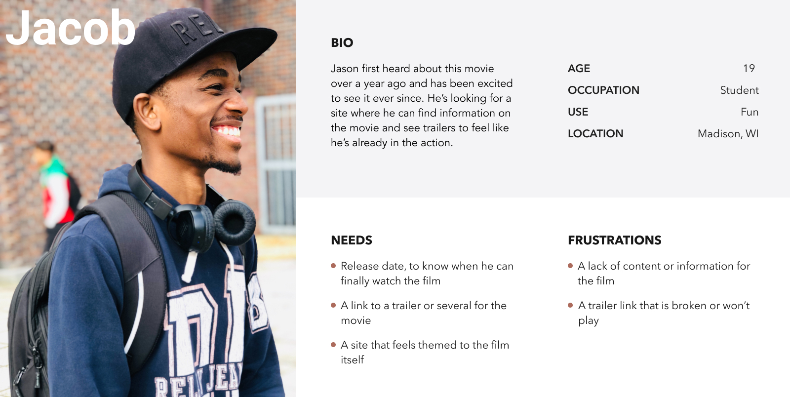 User Persona of 'Jacob' with various bio info