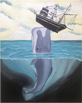 painting of a boat and a whale