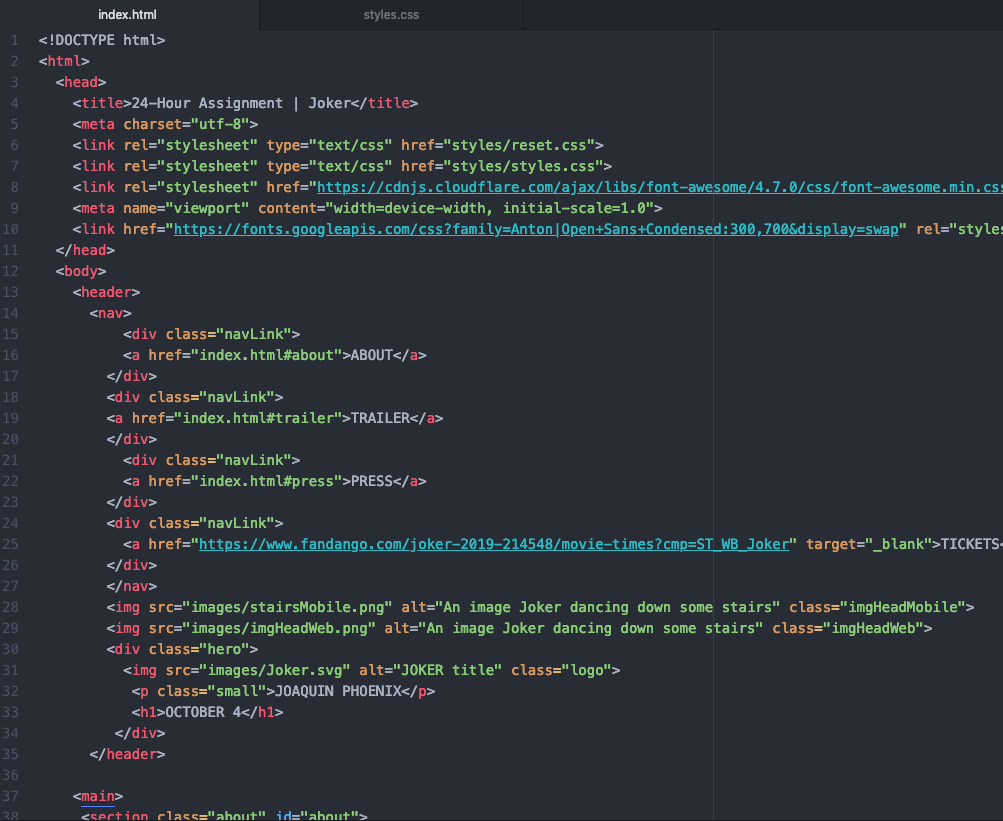 A screenshot of my HTML page for Joker