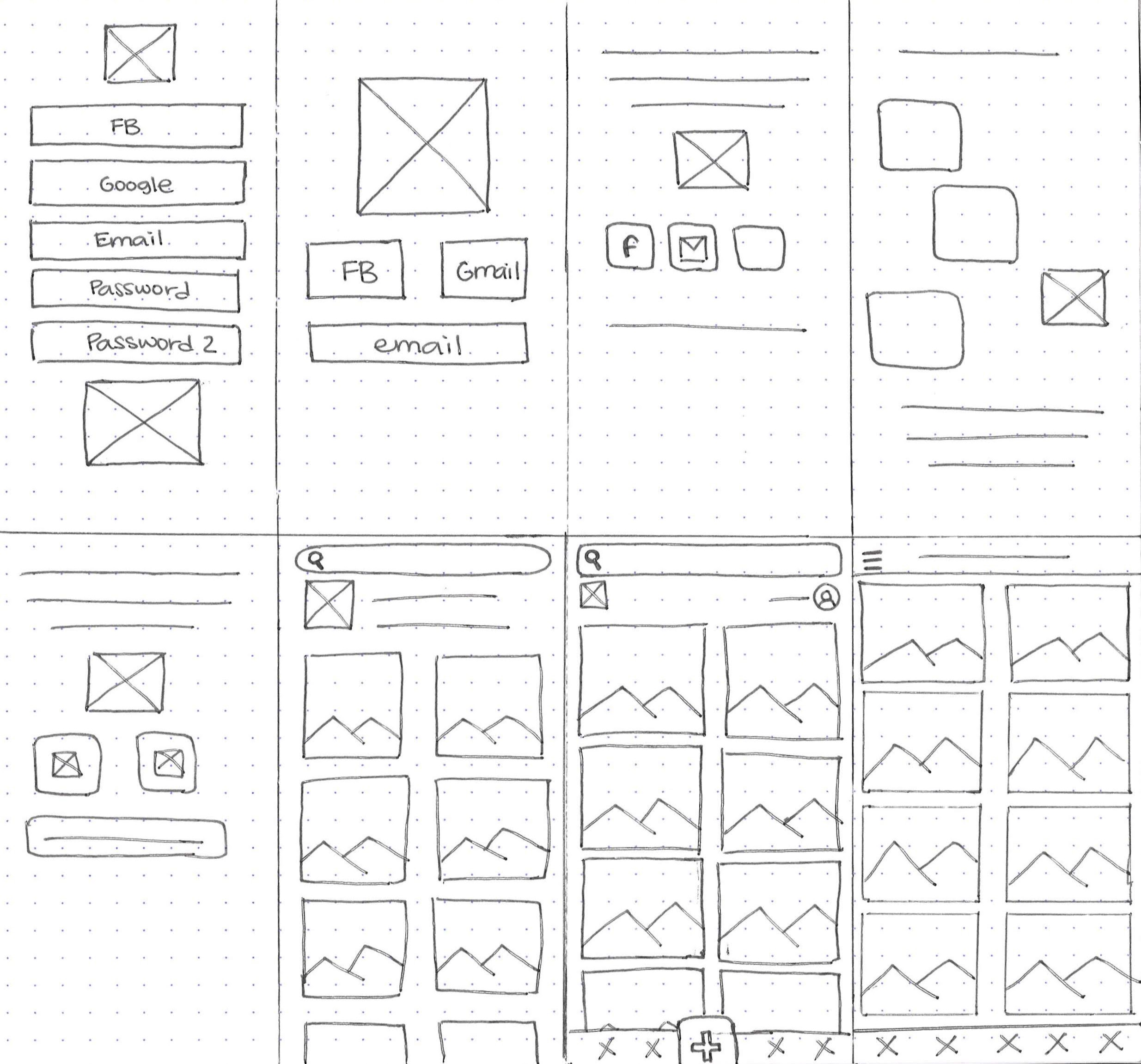 A page of a notepad with sketches of screen ideas